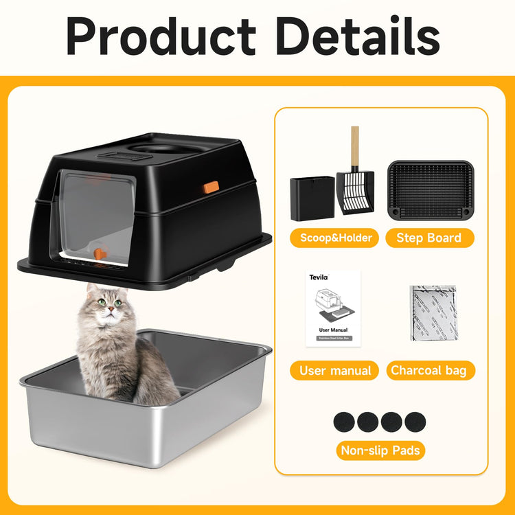 Extra Large Stainless Steel Litter Box with Lid, High Sided Enclosed Metal Cat Litter Pan, Dog Proof Front Entry Top Exit, Odor Control Easy Clean Leak Proof, Includes Scoop & Step, Black
