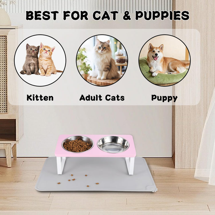 Upgraded Elevated Cat Bowls with Food Mat,15°Tilted Stand Anti Vomiting Raised Cat Dishes for Food and Water,2 Stainless Steel Bowls for Cats and Puppy
