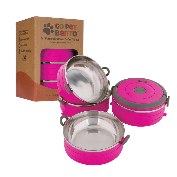 Healthy Human Travel Pet Bento Bowls - Human-Grade Stainless Steel & BPA-Free, Leak-Proof Water & Food Container Set for Dogs & Cats, 4-Pack Interlocking Bowls, Includes Spare Clips & Handle (Pink)