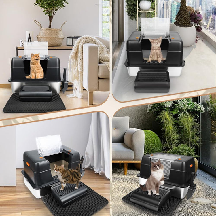 Vivifying Stainless Steel Litter Box, XL Side Entry Extra Large Litter Box with Lid for Big Cats & Kitty, Removable Enclosed Metal Cat Pan with High Sided Enclosure, Scoop (Black)
