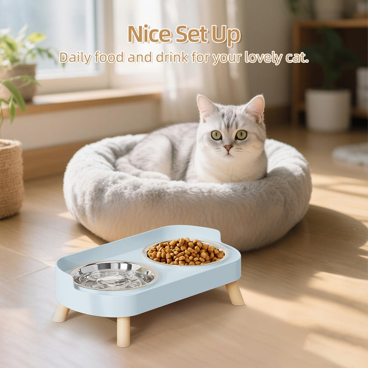 Elevated Cat Bowl, Raised Cat Food and Water Bowl Set for Indoor Cats, Splash Proof with 2 Stainless Steel Pet Food Bowls for Cats and Puppies, Whisker Fatigue and Dishwasher Safe - White