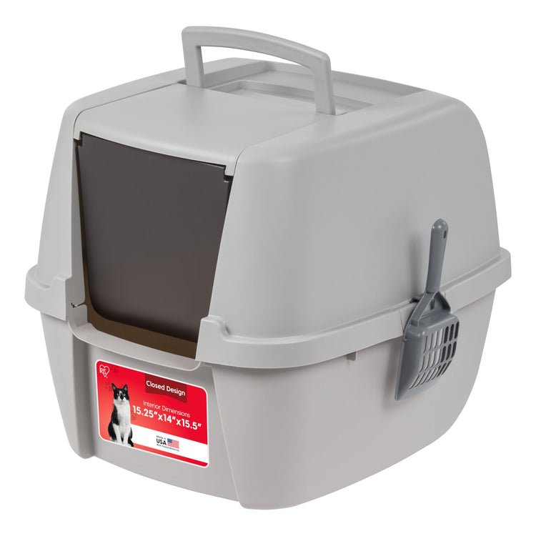 IRIS USA Cat Litter Box Large with Front Door Flap, Covered Enclosed Litter Box Enclosure with Scoop, Handle & Buckles for Portability & Privacy, Hidden Litter Pan, Navy
