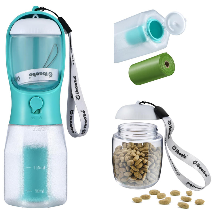 Cibaabo Dog Water Bottle with Food Container & Poop Bag Holder, Travel Water Bowl, Portable Pet Dispenser, Dog Gifts Stuff Accessories Items, Puppy Essentials for Yorkie Chihuahua Walking Hiking