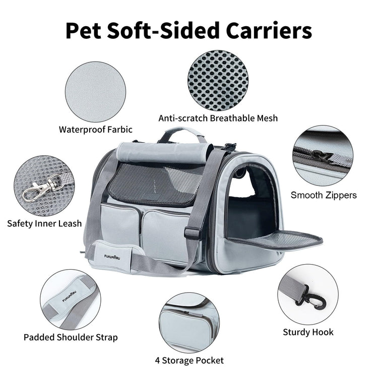 FUKUMARU Cat Carrier, Soft-Sided Small Dog Carrier, Large Cat Travel Bag with 4 Mesh Windows, Under 15 lb Airline Approved Pet Carrier with 4 Storage Pockets, Rollable Cover for Nervous Cats, Grey