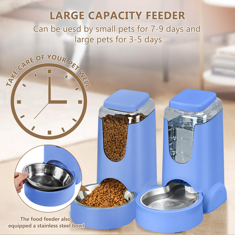 Automatic Cat Feeder and Water Dispenser with Stainless Steel Bowl Dog Gravity Food Feeder and Waterer for Small Medium Pets Puppy Kitten 1 Gallon x 2