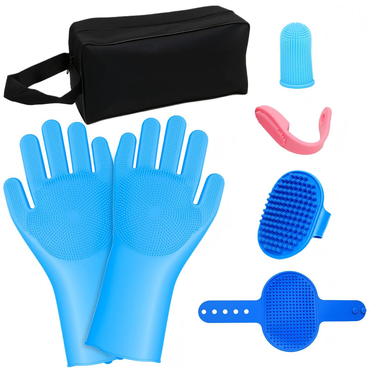 7PCS Pet Grooming Kit for Dogs and Cats，with Storage Bag & Includes Dog Washing Gloveswith High-Density Teeth, Adjustable Handle Dog Shampoo Brush, Dog Finger Toothbrush (Gray)