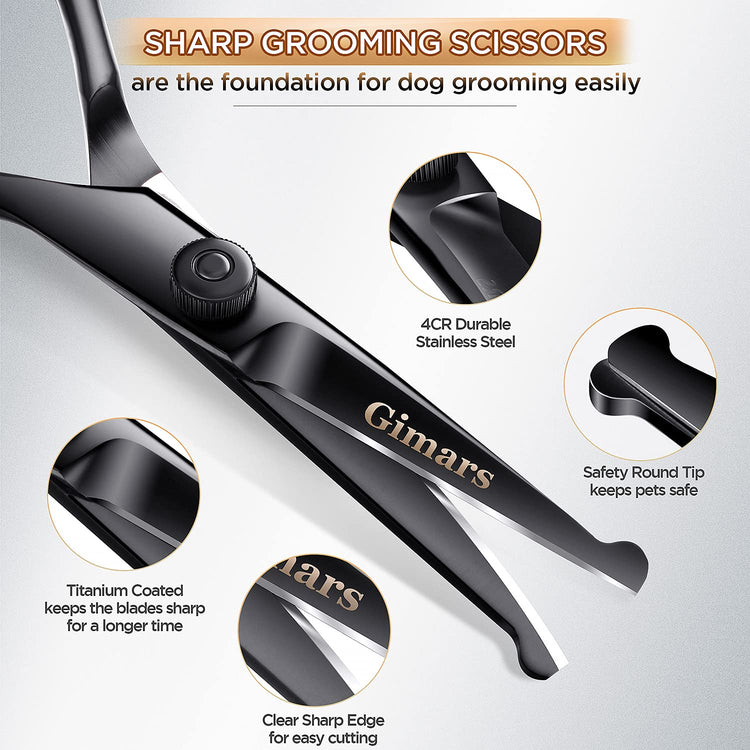 Gimars Titanium Coated Professional 6 in 1 4CR Stainless Steel Dog Grooming Scissors with Safety Round Tip, Heavy Duty Pet Grooming Scissor for Dogs, Cats and Other Animals