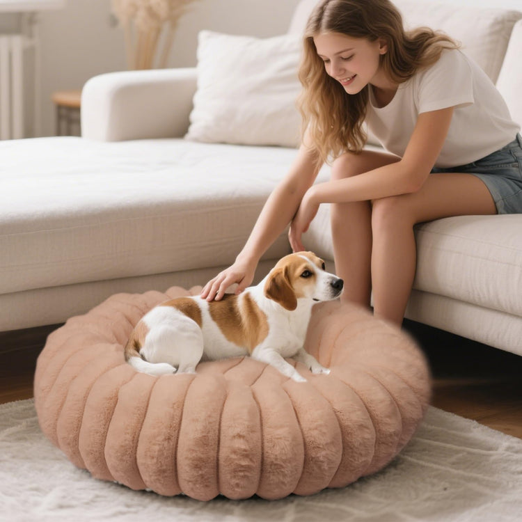 Donut Dog and Cat Bed, Luxurious Comfortable Faux Rabbit Fur Pet Beds, Round Anti-Anxiety Calming Puppy Kitten Bed with Anti-Slip Bottom for Small Medium Dogs & Cats(28", White)