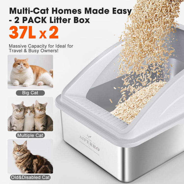 2 Pack Stainless Steel Litter Box for Kitty | Metal Kitty Litter Box with Lid High Sided for Small Cats or Injured Cats, Bunny Litter Boxes, Low Entry, Odor-Free, Non-Stick,Includes Scoop