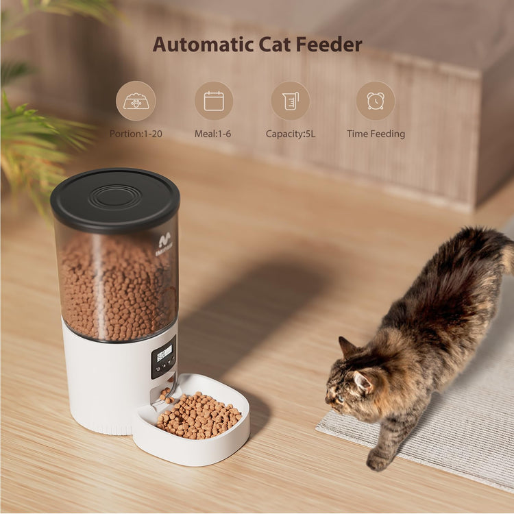 IMIPAW Automatic Cat Feeders, Timed Cat Dry Food Dispenser with Desiccant Bag, Dual Power Supply, Programmable Portion Size, 6 Meals, 20 Portions Per Day, Auto Pet Feeder for Cats and Small Dog, White