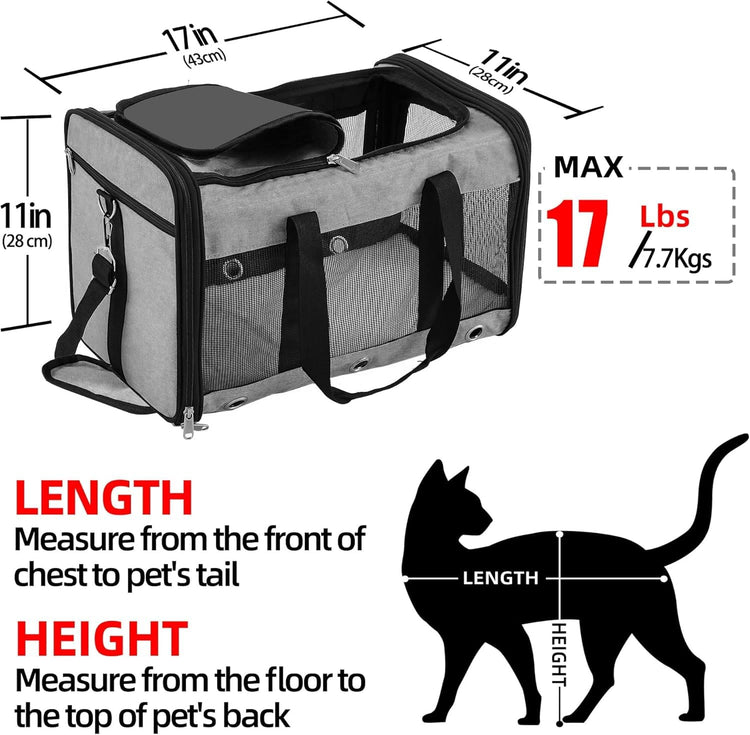 Soft Sided Cat/Dog Carrier,Collapsible Pets Travel Carriers for Pet/Puppy with Shoulder Strap & Removable Mat,Mesh Top Load Small Dogs/Cats Carry Bag Up to 17 Lbs TSA Airline Approved（Black,M）
