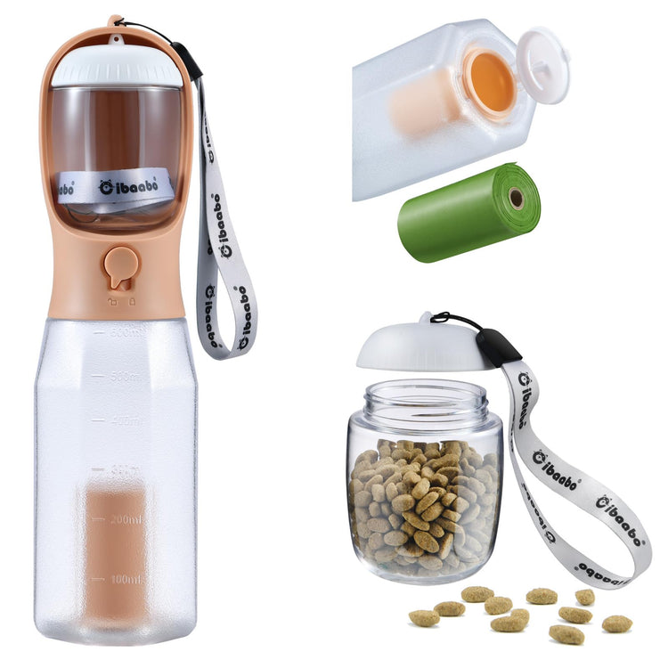 Cibaabo Dog Water Bottle with Food Container & Poop Bag Holder, Travel Water Bowl, Portable Pet Dispenser, Dog Gifts Stuff Accessories Items, Puppy Essentials for Yorkie Chihuahua Walking Hiking