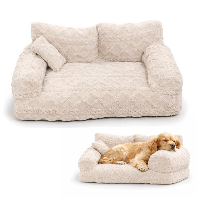Plush Calming Pet Sofa Bed, 6 Sizes Large Fluffy Dog Cat Couch Beds Plush for Indoor, Raised Rim, Removable Cover & Non-Slip Bottom for Cats and Dogs of Any Size (Dark Grey, Small)