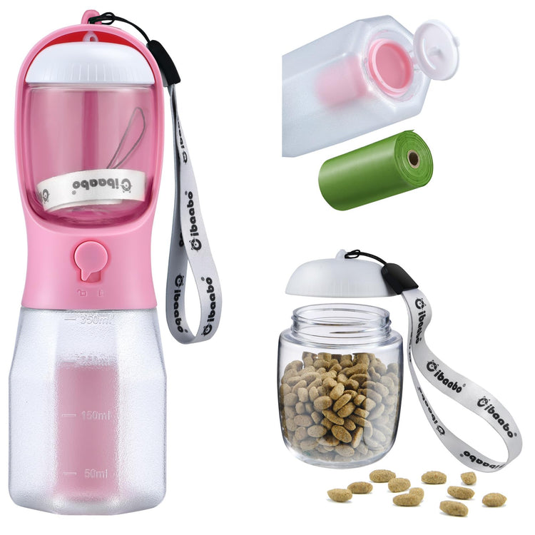 Cibaabo Dog Water Bottle with Food Container & Poop Bag Holder, Travel Water Bowl, Portable Pet Dispenser, Dog Gifts Stuff Accessories Items, Puppy Essentials for Yorkie Chihuahua Walking Hiking