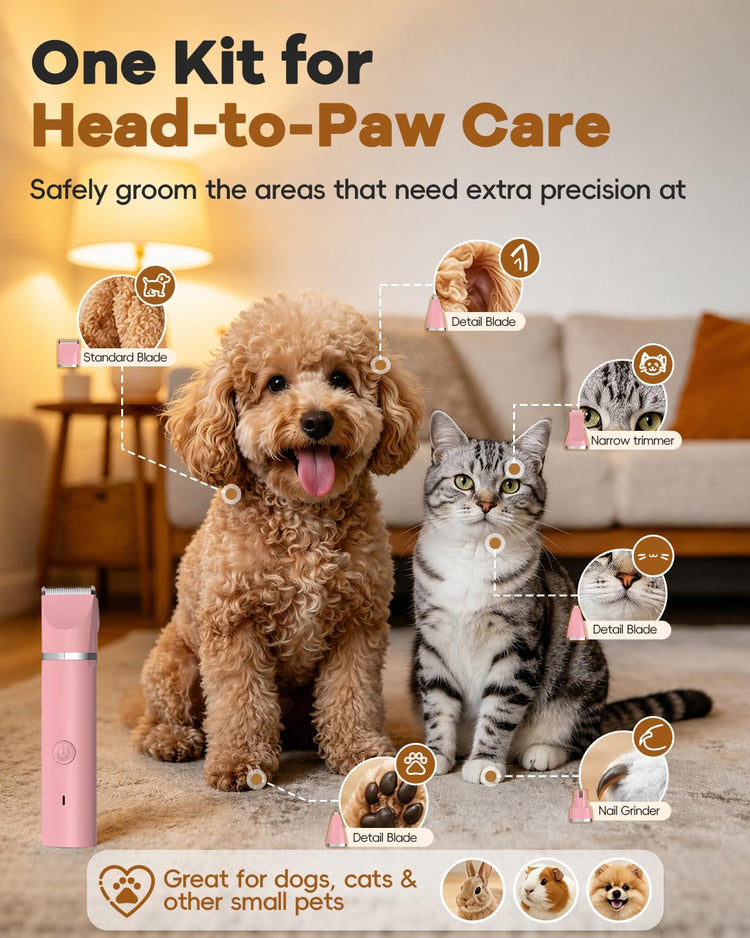 Veeconn Dog Clippers Grooming Kit Hair Clipper-Low Noise Paw Trimmer- Rechargeable - Cordless Quiet Nail Grinder Shaver for Cats and Other Pets