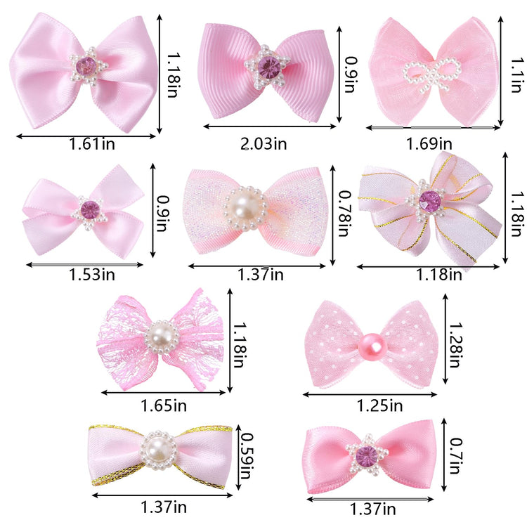 20 PCS Cute Dog Hair Bows with Rubber Bands Elastic Handmade Mix Style Lace Rhinestone Pearls for Furry Puppy Cat Pet Girl, Pink