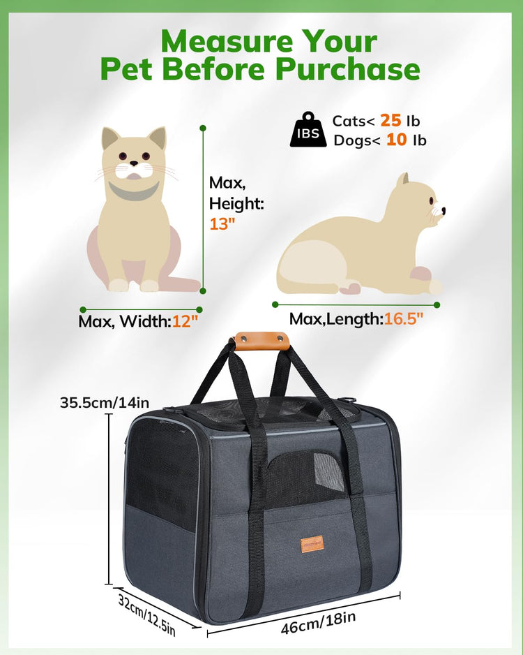 Morpilot Pet Carrier for Large Cats, Puppies & Small Dogs Up to 25lbs, Escape-Proof with Locking Zippers, Dual-Sided Cushion, Safety Buckle for Car & Vet Travel, Includes Foldable Bowl (Dark Gray)