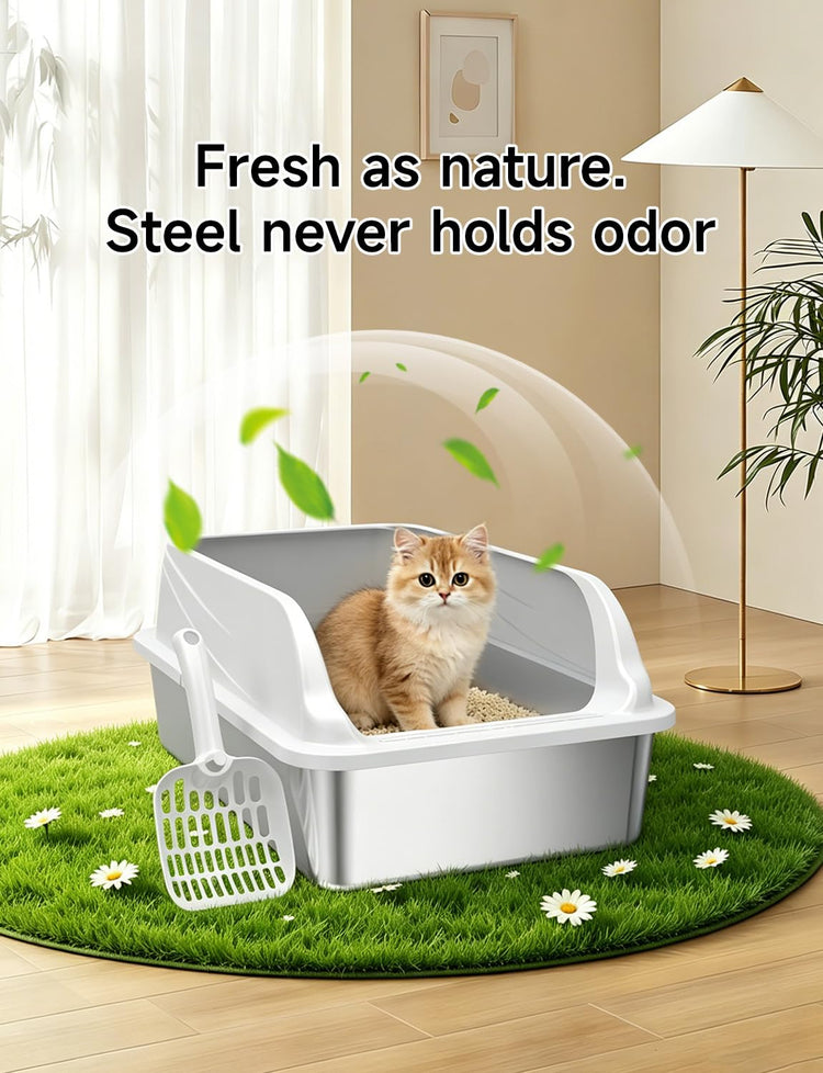 Stainless Steel Cat Litter Box, Odor Free Metal Litter Box with High Sides Lid, Open Top Low Entry Litter Pan Include Scoop Easy Cleaning Anti-Scratch Kitty Cat Box Anti-Urine Leakage, Non-Sticky