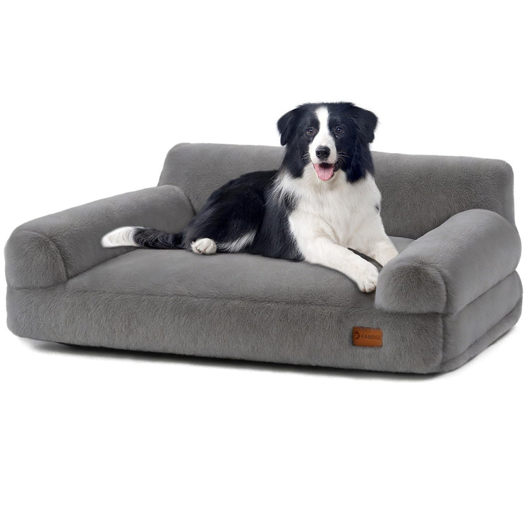 FAMIDGE Plush Cat Couch Bed - Cat Bed for Indoor Cats, Dog Sofa Bed, Short Rabbit Fleece Calming Pet Couch with Removable Cover, Anti-Shedding Pet Sofa for Small/Medium Pets (26×18×12in, Brown)