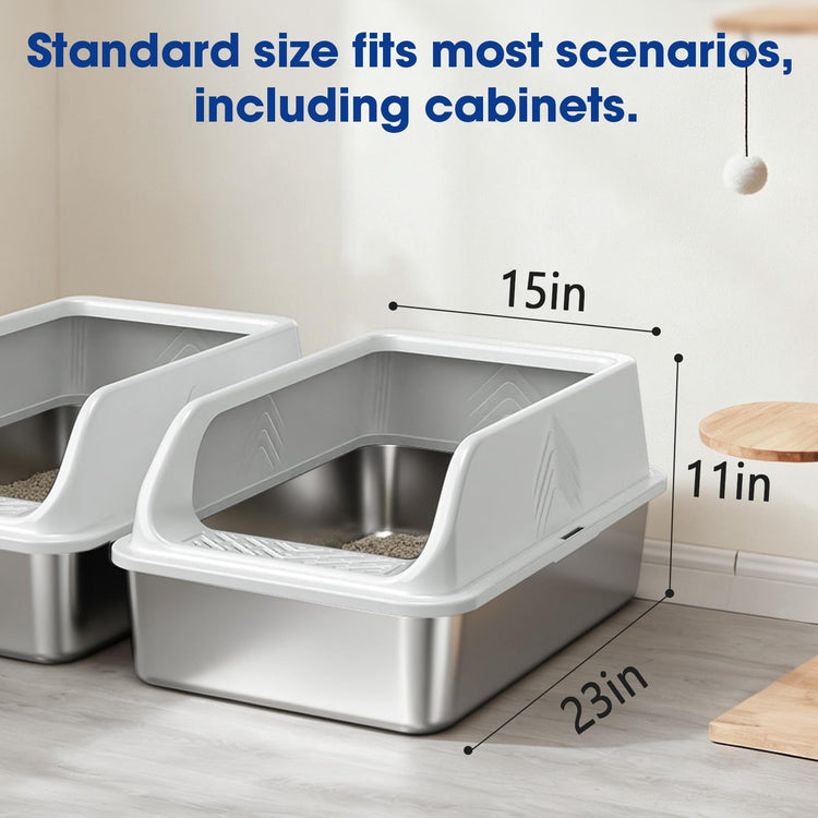 2 Pack XL Stainless Steel Litter Box, Metal Cat Litter Boxes with Lid, High Sided Enclosed Litter Boxes for Big Cat and Multiple Cats, Anti-Urine Leakage | Non-Stick Bottom & Includes Scoop