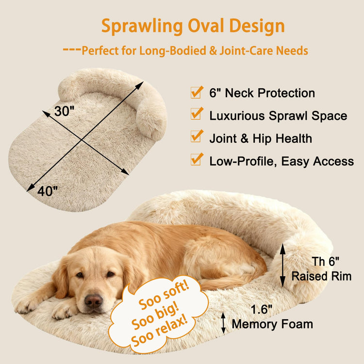 Orthopedic Dog Bed with Egg-Crate Base, Calming Dog & Cat Beds Long Plush with Raised Edges, Spine Friendly Pet Sleeping Mat for Small Medium Dogs, Machine Washable (Oval, Beige 26"x20")