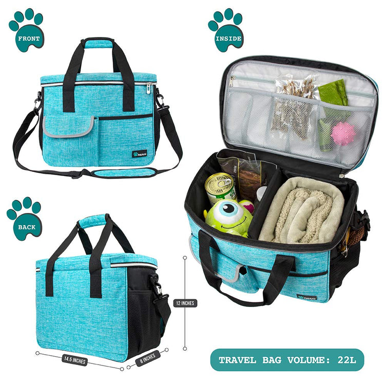 PetAmi Dog Travel Bag Organizer, Pet Travel Kit with 2 Food Containers & 2 Collapsible Dog Bowls, Pet Supplies Tote with Luggage Sleeve, Weekend Road Trip Camping Essentials, Dark Gray, Medium