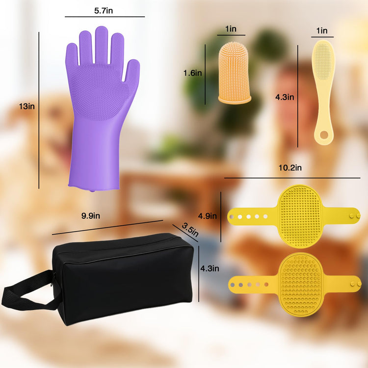 7PCS Pet Grooming Kit for Dogs and Cats，with Storage Bag & Includes Dog Washing Gloveswith High-Density Teeth, Adjustable Handle Dog Shampoo Brush, Dog Finger Toothbrush (Gray)