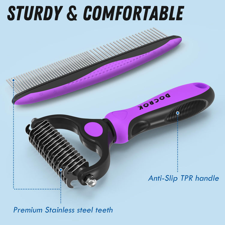 Docrok Pet Grooming Combo - Blue Deshedding Brush with Metal Comb for Detangling and Dematting Long, Matted Fur on Cats and Dogs