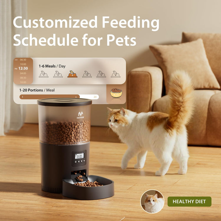 IMIPAW Automatic Cat Feeders, Timed Cat Dry Food Dispenser with Desiccant Bag, Dual Power Supply, Programmable Portion Size, 6 Meals, 20 Portions Per Day, Auto Pet Feeder for Cats and Small Dog, White
