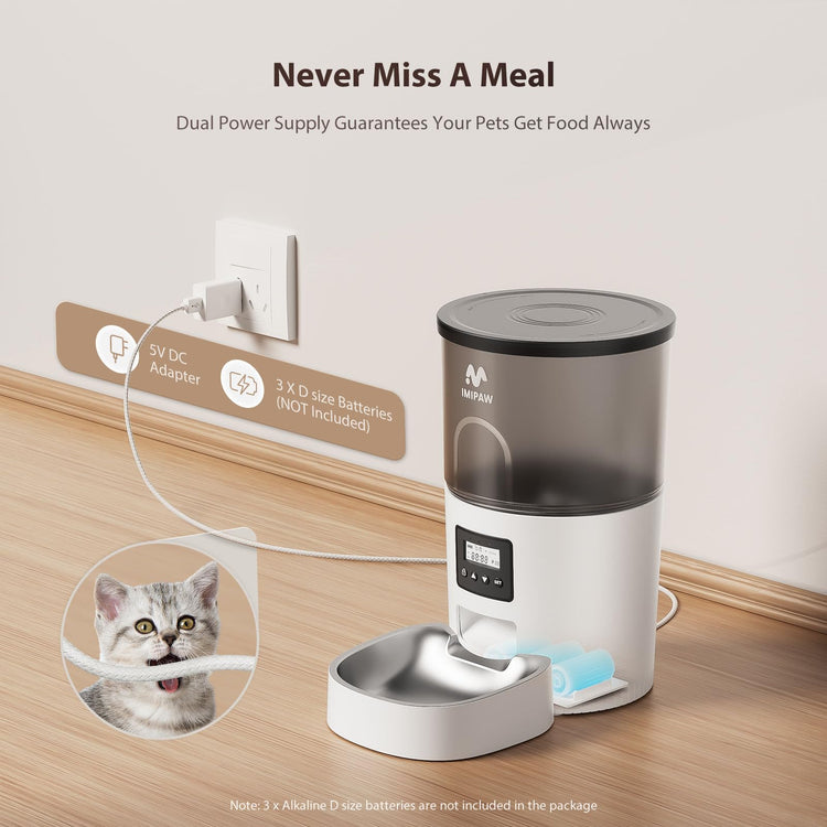 IMIPAW Automatic Cat Feeders, Timed Cat Dry Food Dispenser with Desiccant Bag, Dual Power Supply, Programmable Portion Size, 6 Meals, 20 Portions Per Day, Auto Pet Feeder for Cats and Small Dog, White