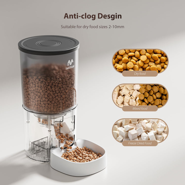 IMIPAW Automatic Cat Feeders, Timed Cat Dry Food Dispenser with Desiccant Bag, Dual Power Supply, Programmable Portion Size, 6 Meals, 20 Portions Per Day, Auto Pet Feeder for Cats and Small Dog, White