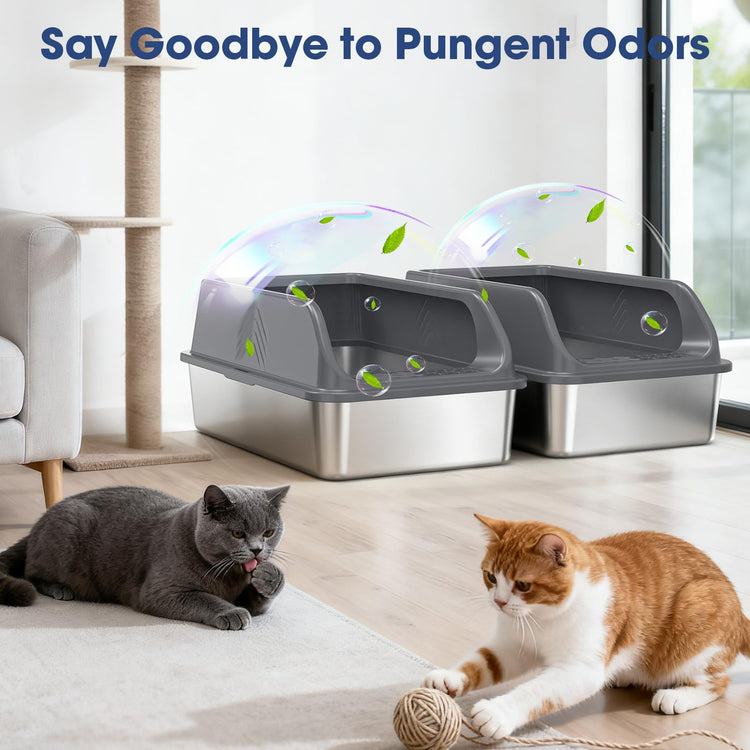 2 Pack XL Stainless Steel Litter Box, Metal Cat Litter Boxes with Lid, High Sided Enclosed Litter Boxes for Big Cat and Multiple Cats, Anti-Urine Leakage | Non-Stick Bottom & Includes Scoop