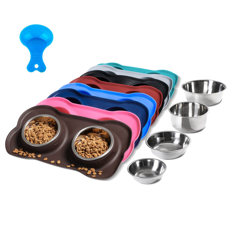 Hubulk Pet Dog Bowls 2 Stainless Steel Dog Bowl with No Spill Non-Skid Silicone Mat + Pet Food Scoop Water and Food Feeder Bowls for Feeding Small Medium Large Dogs Cats Puppies (Small, Blue)