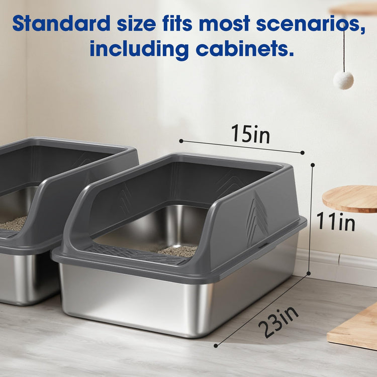 2 Pack XL Stainless Steel Litter Box, Metal Cat Litter Boxes with Lid, High Sided Enclosed Litter Boxes for Big Cat and Multiple Cats, Anti-Urine Leakage | Non-Stick Bottom & Includes Scoop