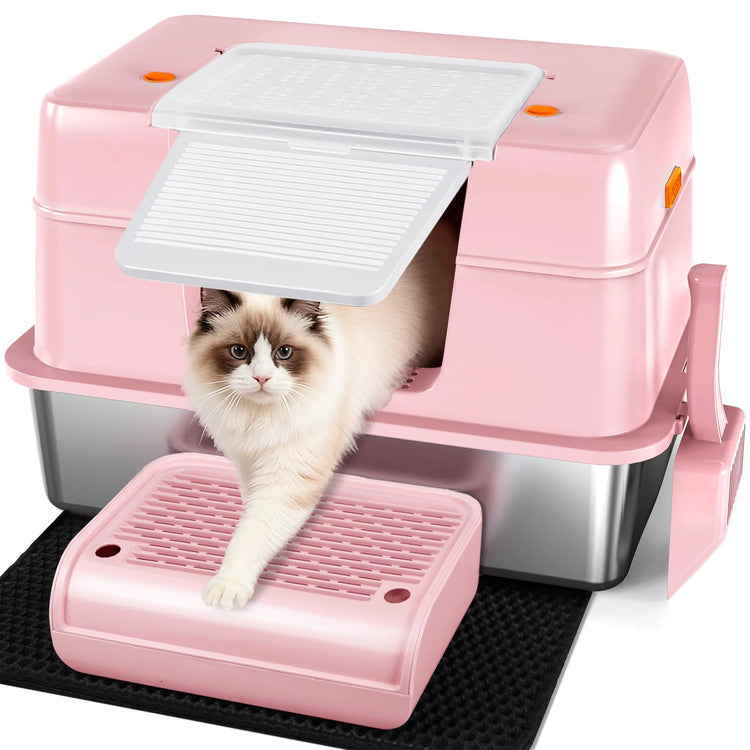 Vivifying Stainless Steel Litter Box, XL Side Entry Extra Large Litter Box with Lid for Big Cats & Kitty, Removable Enclosed Metal Cat Pan with High Sided Enclosure, Scoop (Black)