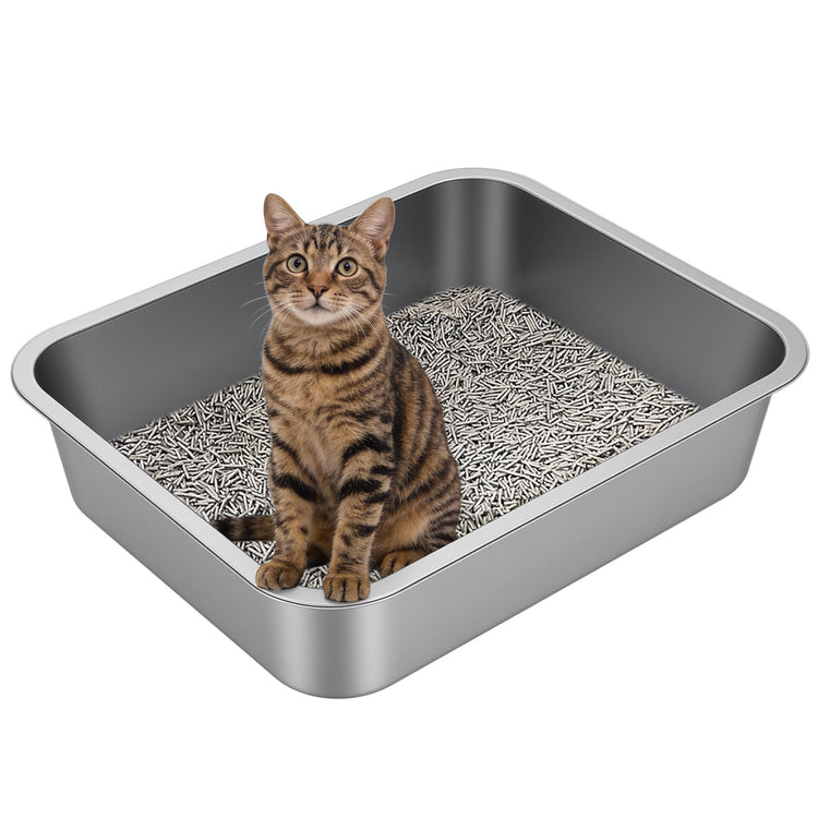 Stainless Steel Litter Box with High Sided, Metal Cat Litter Box, Odor-Free, Non-Stick Litterbox Pan, Easy to Clean Pet Supplies Toilet Tray for Indoor Cats, Kittens or Multicat Homes