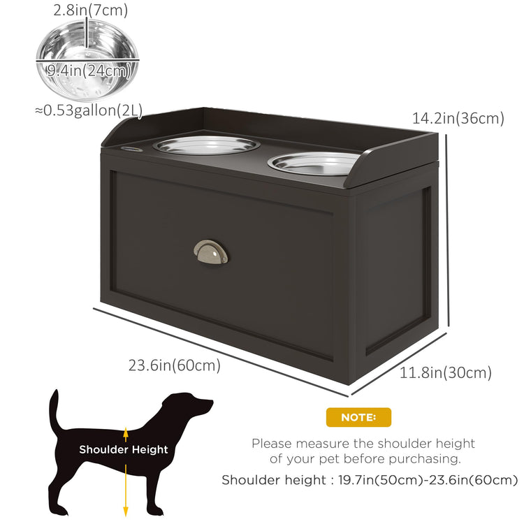 PawHut Dog Feeding Station with Storage Drawer, Dog Food Storage Cabinet with 2 Removable Elevated Pet Bowls for Large Sized Dogs, Coffee