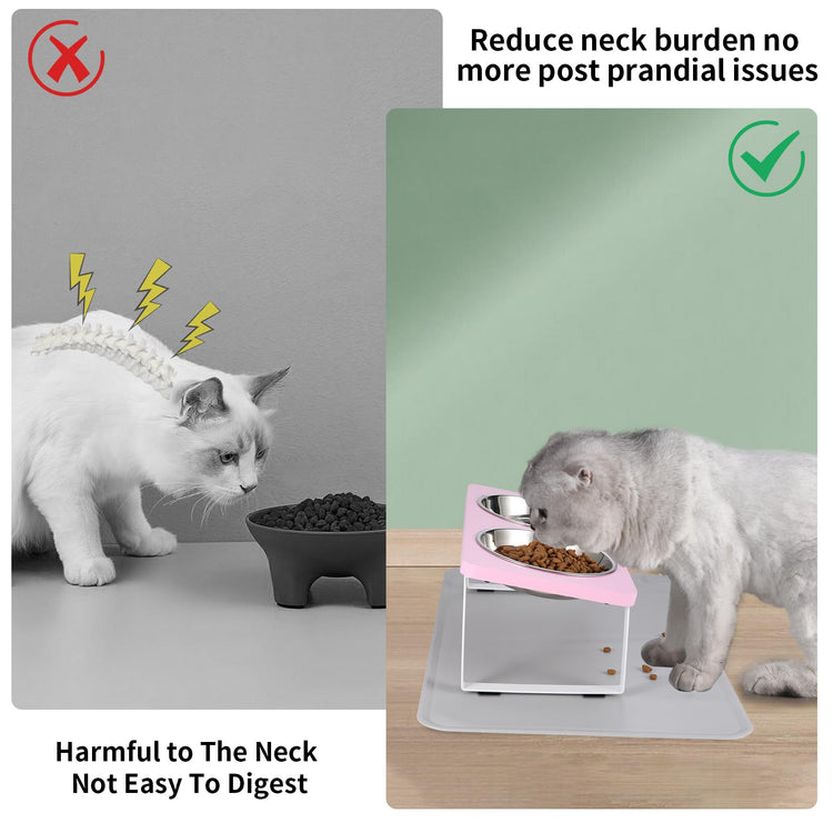 Upgraded Elevated Cat Bowls with Food Mat,15°Tilted Stand Anti Vomiting Raised Cat Dishes for Food and Water,2 Stainless Steel Bowls for Cats and Puppy