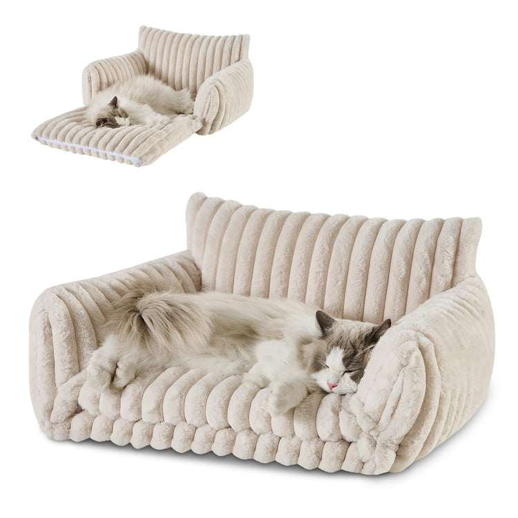 Hollypet Cat Bed Fluffy Plush Multifunctional Double-Layer Machine Washable Soft Warming Kitty Pet Couch Orthopedic Nest Beds for Small Cats Kitten and Dogs up to 13lbs, Khaki(25x20x13 inch)