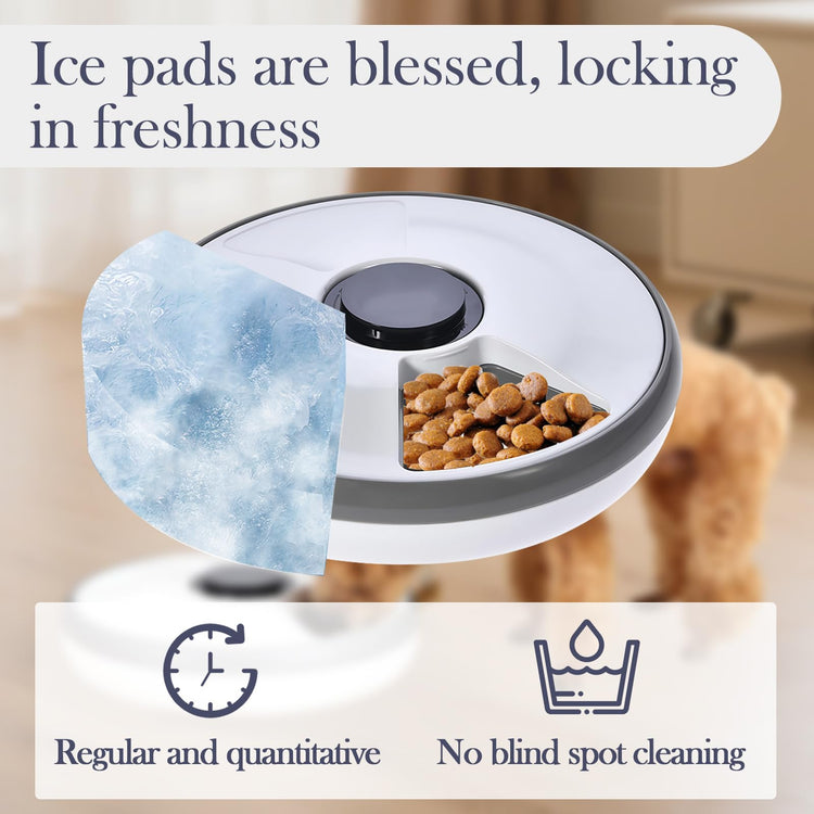 6-Meal Timed Automatic Cat & Dog Feeder with Cooling Pack, Programmable Portion Control Pet Food Dispenser for Dry & Semi-Wet Food, 12.4″×12.4″×2.99″