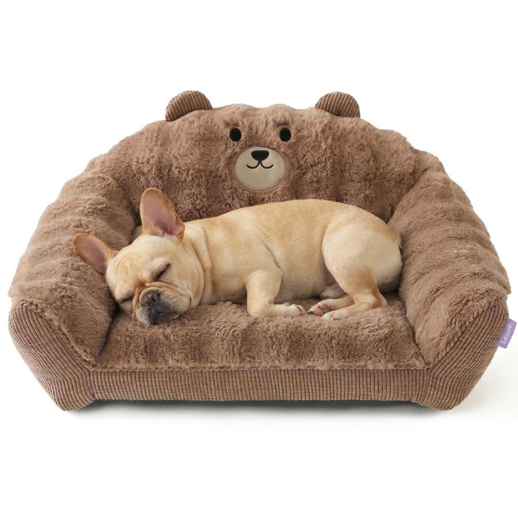LE SURE Cute Dog Couch Bed, Small Dog Couch with Fluffy Original Bear Design, Cat Couch Bed with Removable Washable Cover, Puppy Bed for Small Pets, 28 inch, Brown