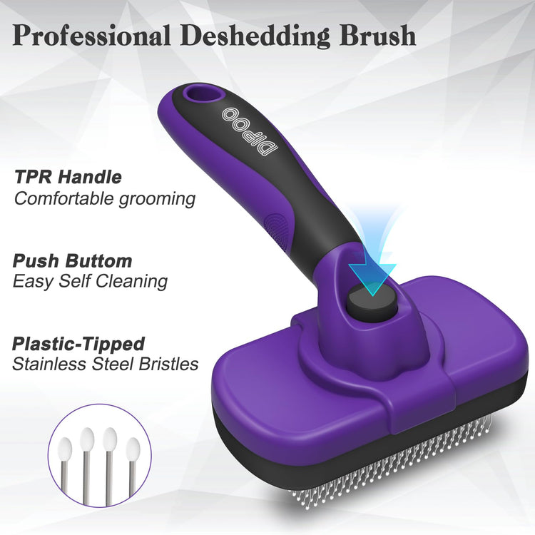 Dipoo Self-Cleaning Pet Grooming Brush - Skin-Friendly Deshedding Tool for Dogs & Cats in Pink, Removes Loose Hair and Tangles