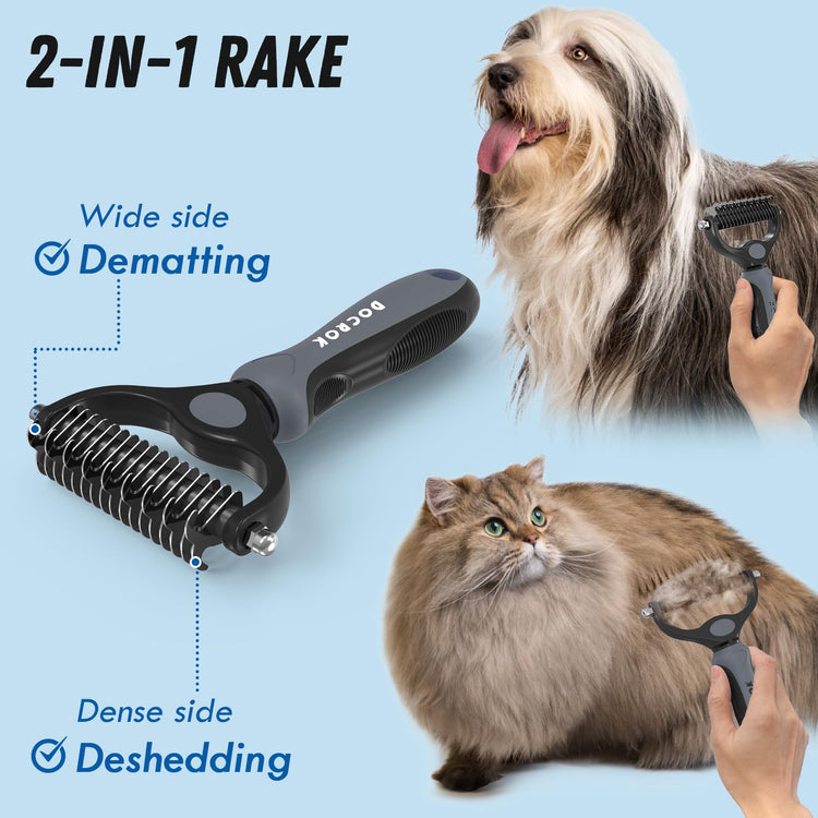 Docrok Pet Grooming Combo - Blue Deshedding Brush with Metal Comb for Detangling and Dematting Long, Matted Fur on Cats and Dogs