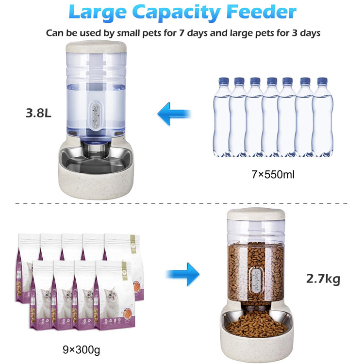 Kacoomi Automatic Dog Cat Feeder and Water Dispenser Gravity Food Feeder and Waterer Set with Pet Food Bowl for Small Medium Dog Puppy Kitten, Large Capacity 1 Gallon x 2