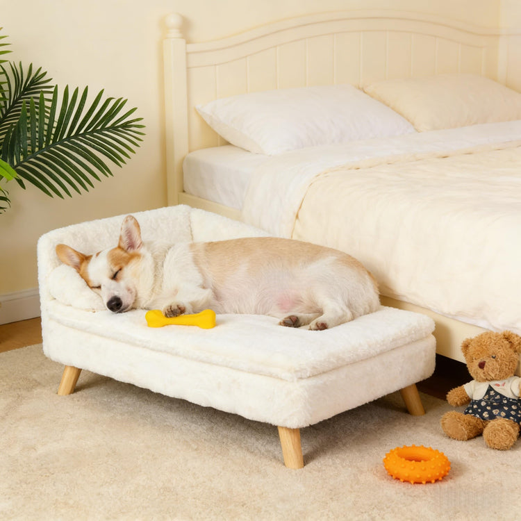 Elevated Cat Couch Sofa: Wooden Cat Bed Dog Chair with Bolster Cushion for Small Dogs Cute Pet Chaise Soft Cushion Fluffy Washable for Puppy