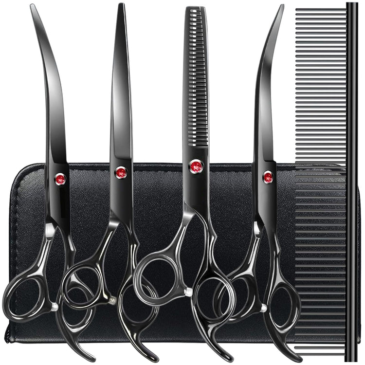 TINMARDA Dog Grooming Kit, Professional Stainless Steel Dog Grooming Scissors with Curved Shears, Pink Finger Rings - 5 Piece Sharp Durable Pet Shears for Dogs Cats At Home Salon-Quality Grooming
