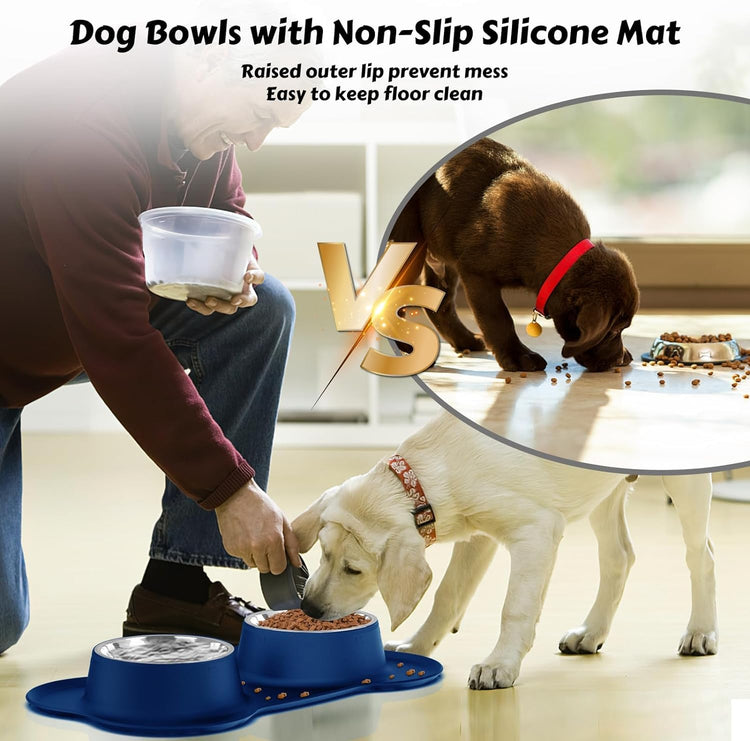 AsFrost Dog Food Bowls Stainless Steel Pet Bowls & Dog Water Bowls with No-Spill and Non-Skid, Feeder Bowls with Dog Bowl Mat for Dogs Cats and Pets-Pink, 24 0z in Total