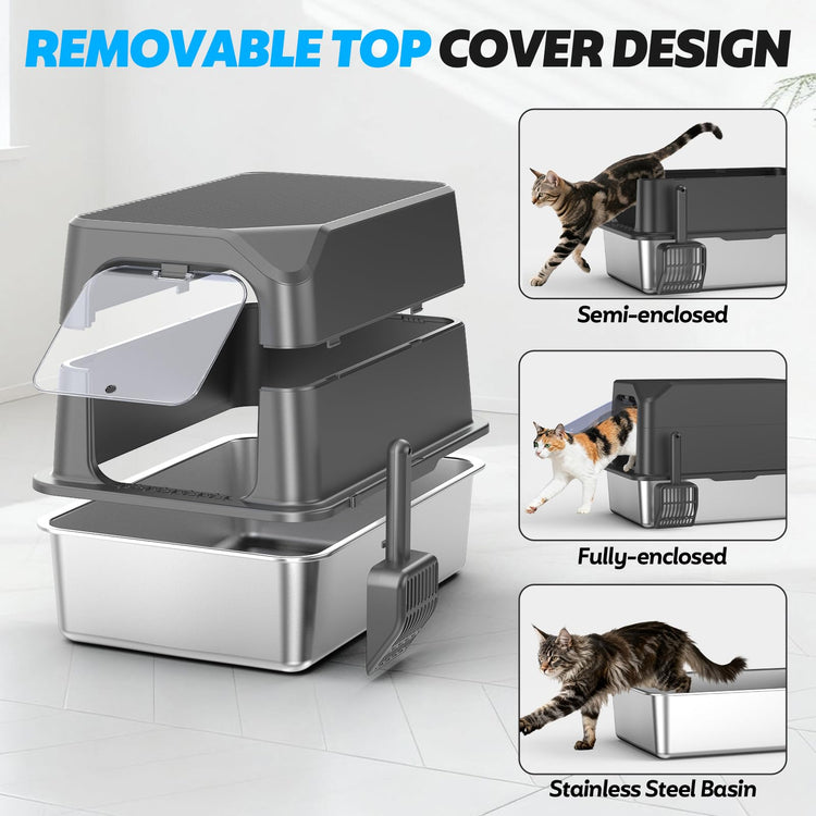 WoofiGo Enclosed Stainless Steel Cat Litter Box with Lid, XL Extra Large Litter Box for Big Cats, Metal Litter Pan High Sided, Never Absorbs Odors, Anti-Urine Leakage, Easy Cleaning, Include Scoop
