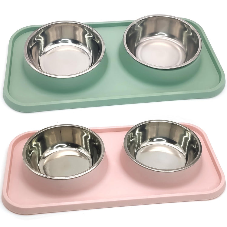 BNOSDM Double Dog Food Bowls Stainless Steel Dog Food and Water Bowls with Non-Spill Plastic Mat Pet Cat Feeder Bowl Set for Puppy Cats Kitten Small Medium Dogs Pink