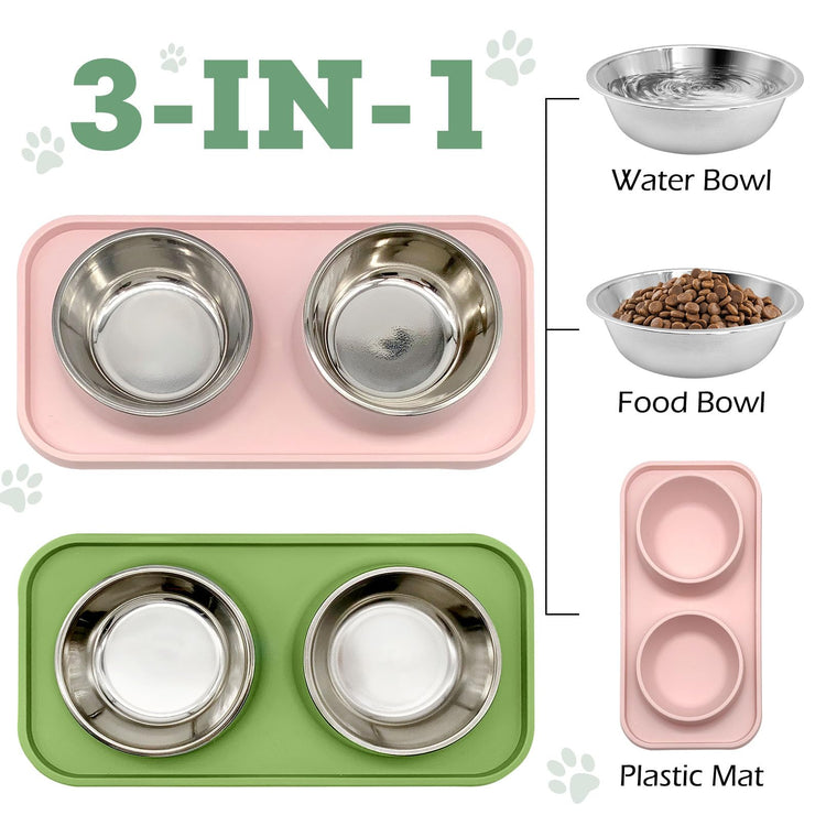 BNOSDM Double Dog Food Bowls Stainless Steel Dog Food and Water Bowls with Non-Spill Plastic Mat Pet Cat Feeder Bowl Set for Puppy Cats Kitten Small Medium Dogs Pink